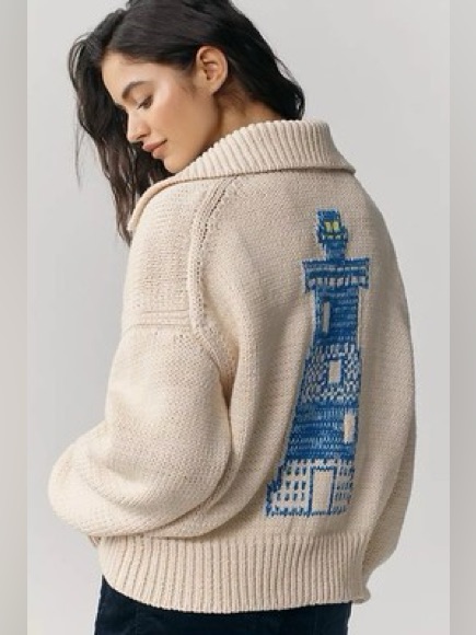 Anthropologie Maeve Lighthouse Collared V-Neck Cardigan Sweater Size Small
